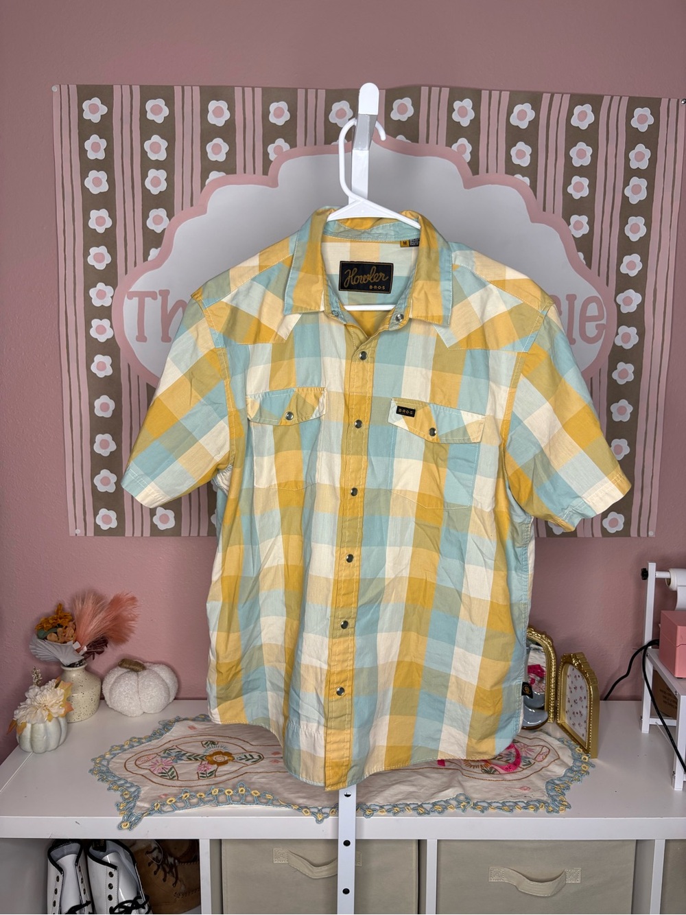 Howler Brothers Yellow & Light Blue Plaid Short Sleeve Button-Up